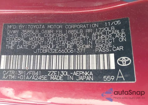 2006 Toyota Corolla Le from USA, damaged, VIN JTDBR32E660061371